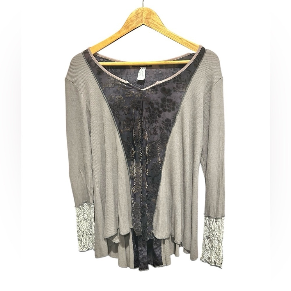 Surrealist USA Boho Top Womens Size 1 Small Velvet Burnout Waffle Knit Lace Tan